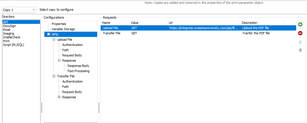 The APIs screen. Two requests have been added to the Requests field: Upload File, and Transfer File.